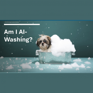 Dog getting a bath in a bucket with words on the picture that say Am I AI-Washing?
