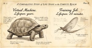 A Victorian naturalist’s illustration plate. One figure is a giant tortoise labeled “Virtual Machine. Lifespan: years.” The other is a mayfly labeled “Training Job. Lifespan: 20 minutes.”